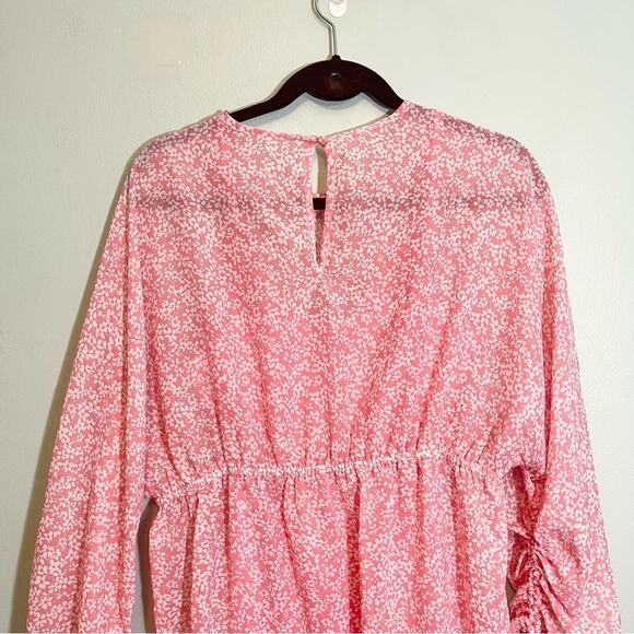 Influence Women's Pink Floral Crew Neck Shirred Sleeve Tiered Mini Dress Size 8 - Picture 3 of 16